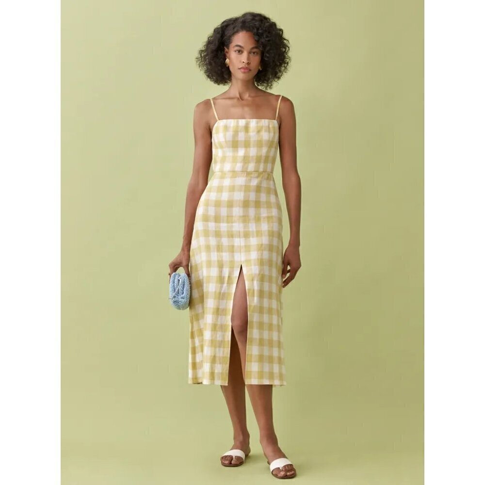 💕REFORMATION💕 Nia Linen Dress ~ Dandelion Check Yellow 12 NWT - Picture 3 of 13